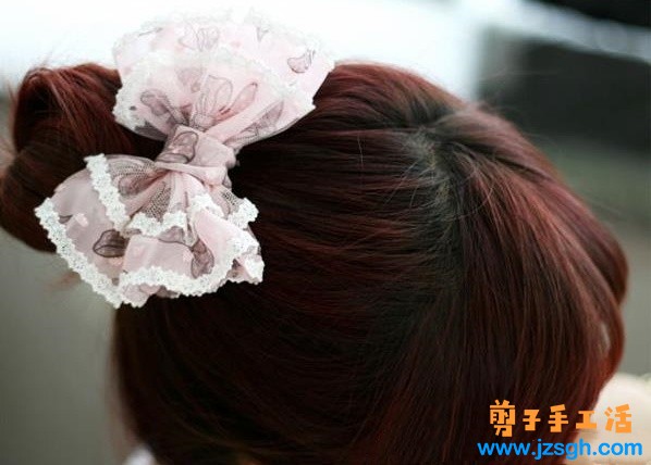 兼职手工活-粉色蕾丝公主蝴蝶发卡